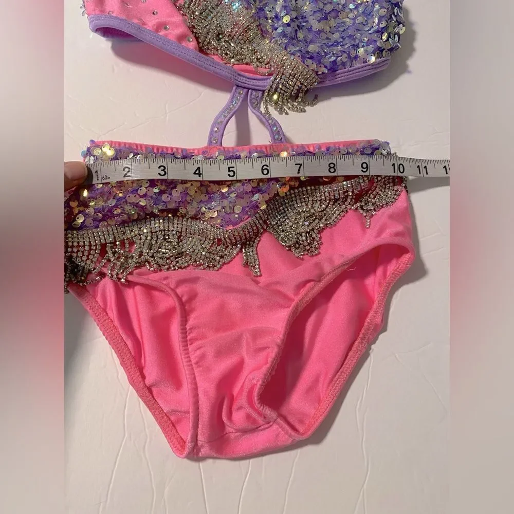 Glamour solo sassy dance costume purple pink embellished rhinestone fringe LC